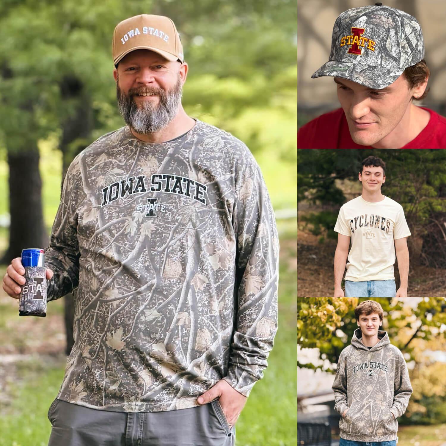 A man wearing an Iowa State Camo t-shirt and hat while holding a camo can cooler.